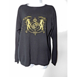 Rafaella Medium Lambsool Sweater Vtg Black Crest Embroidered Gold 80s 90s Pullov